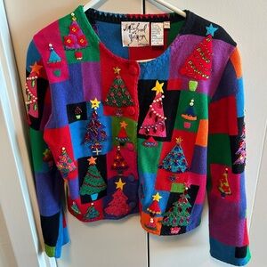 Vtg 1990 Michael Simon Christmas Tree Holiday Multicolor Cardigan.Just beautiful